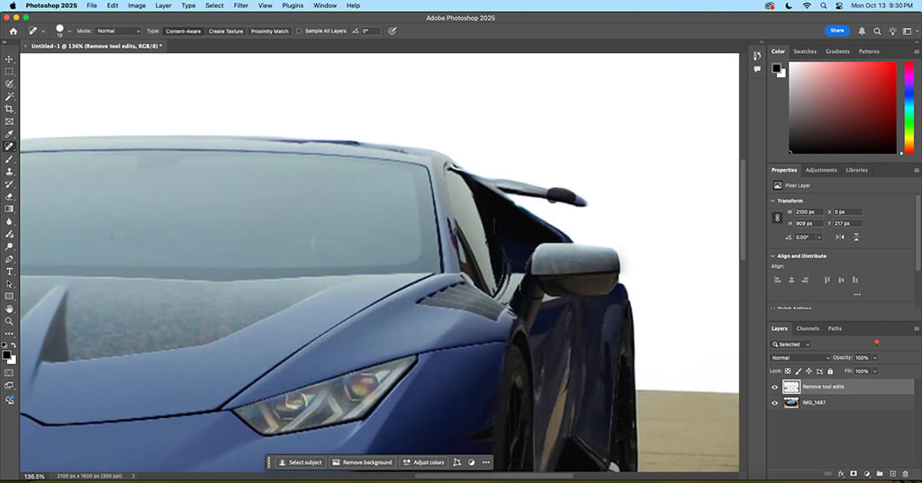 Lamborghini isolated on a transparent background using Photoshop’s Remove Tool for AI-powered background removal.