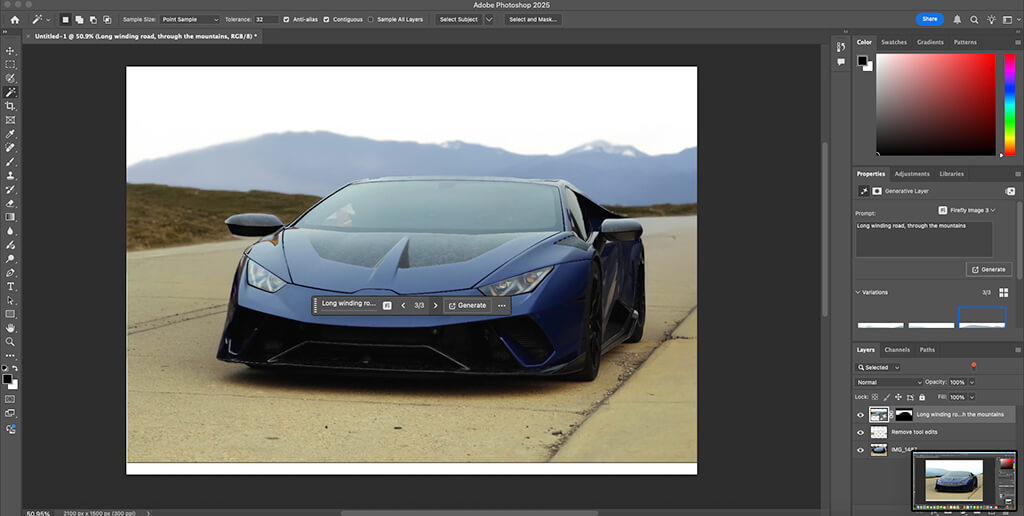 Photoshop Generative Fill creating a new mountain road background behind the masked Lamborghini.