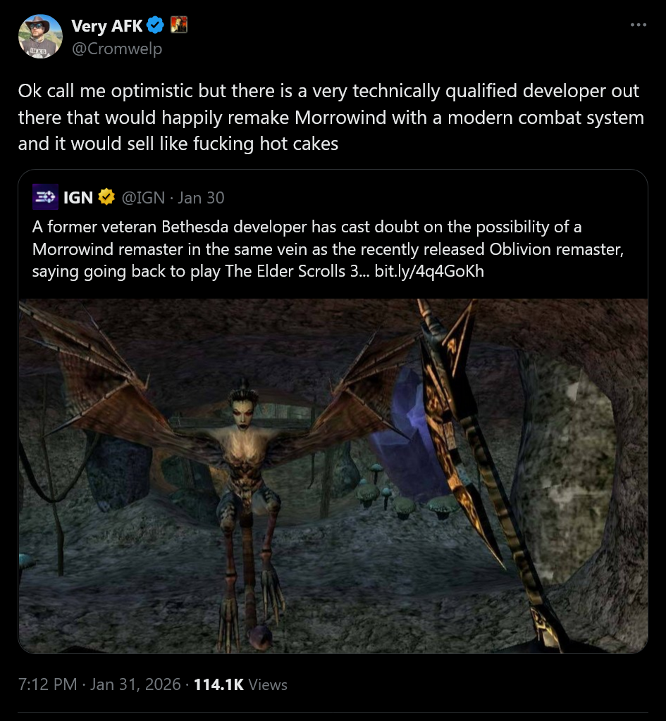 Ok call me optimistic but there is a very technically qualified developer out there that would happily remake Morrowind with a modern combat system and it would sell like fucking hot cakes