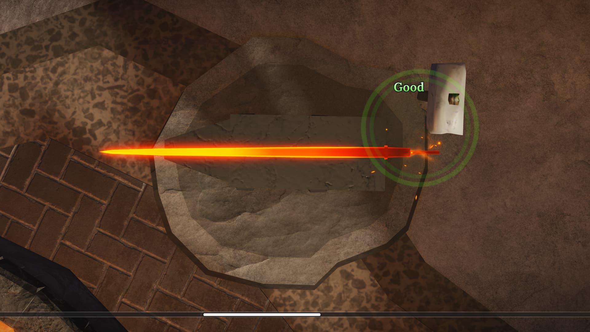 The crafting minigame in the Roblox game, The Forge. There's a long, red blade with a rhythm game style minigame sequence UI.