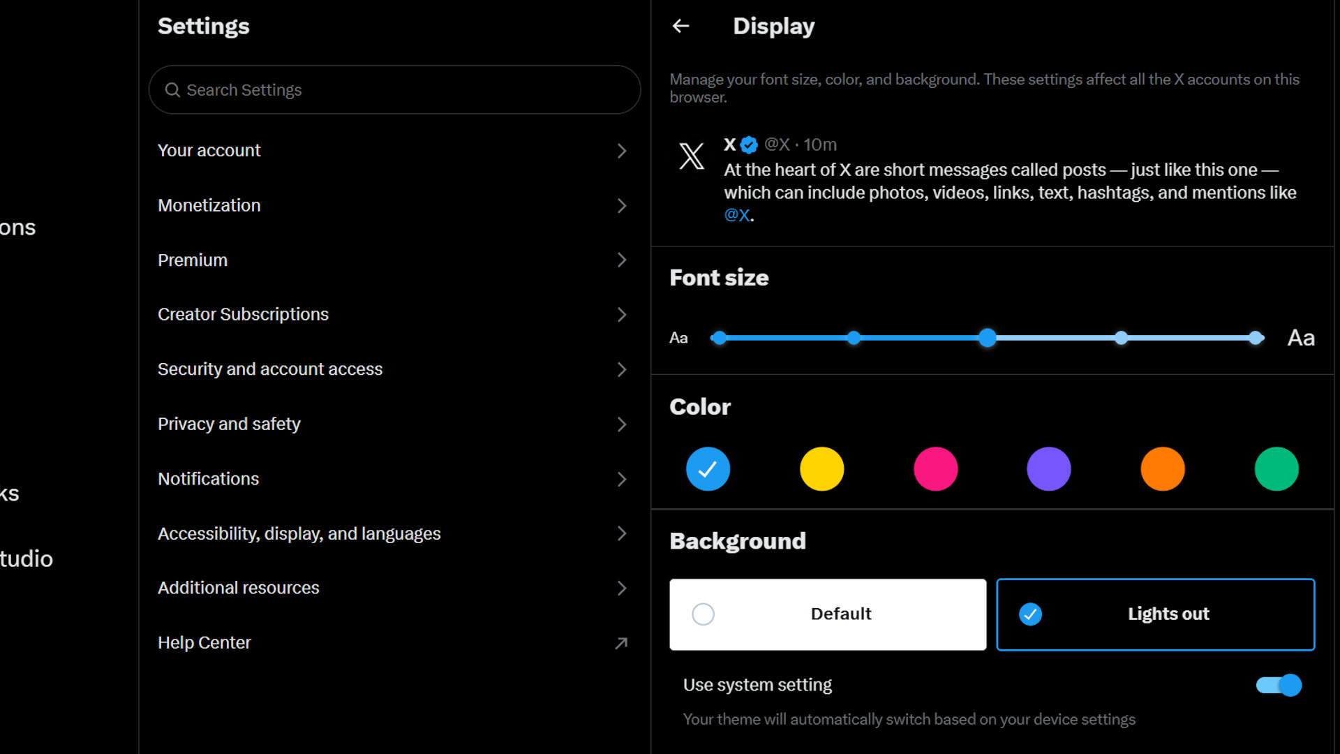 A screenshot of the display options in X, showing the two colour themes