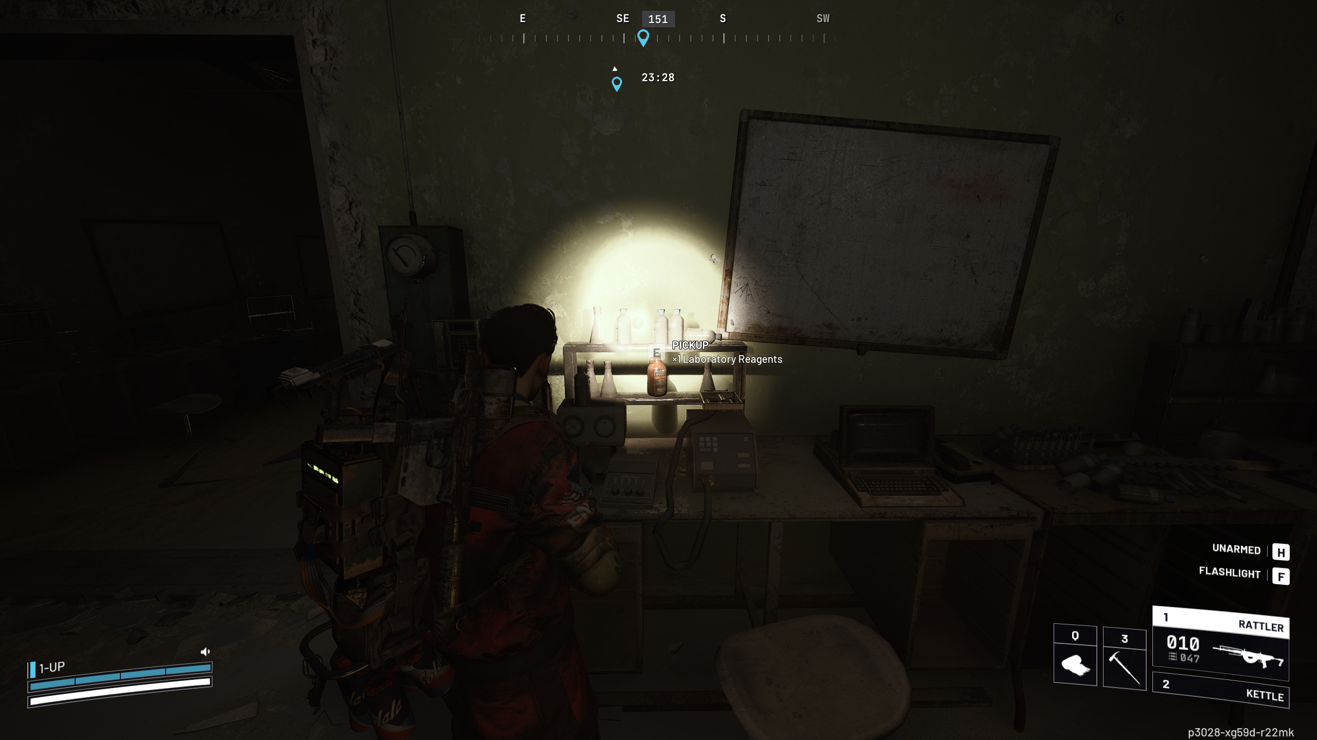 Arc Raiders laboratory reagents: A player looking at lab reagents on a chemical stand inside a dark medical room, lit by their torch.