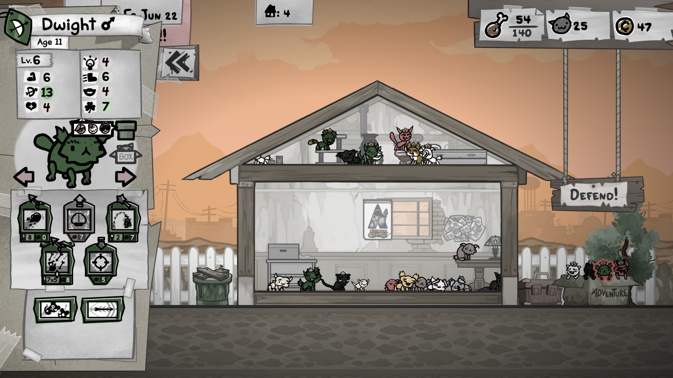 Mewgenics Guillotina: A player inspecting a Hunter cat named Dwight at their house.