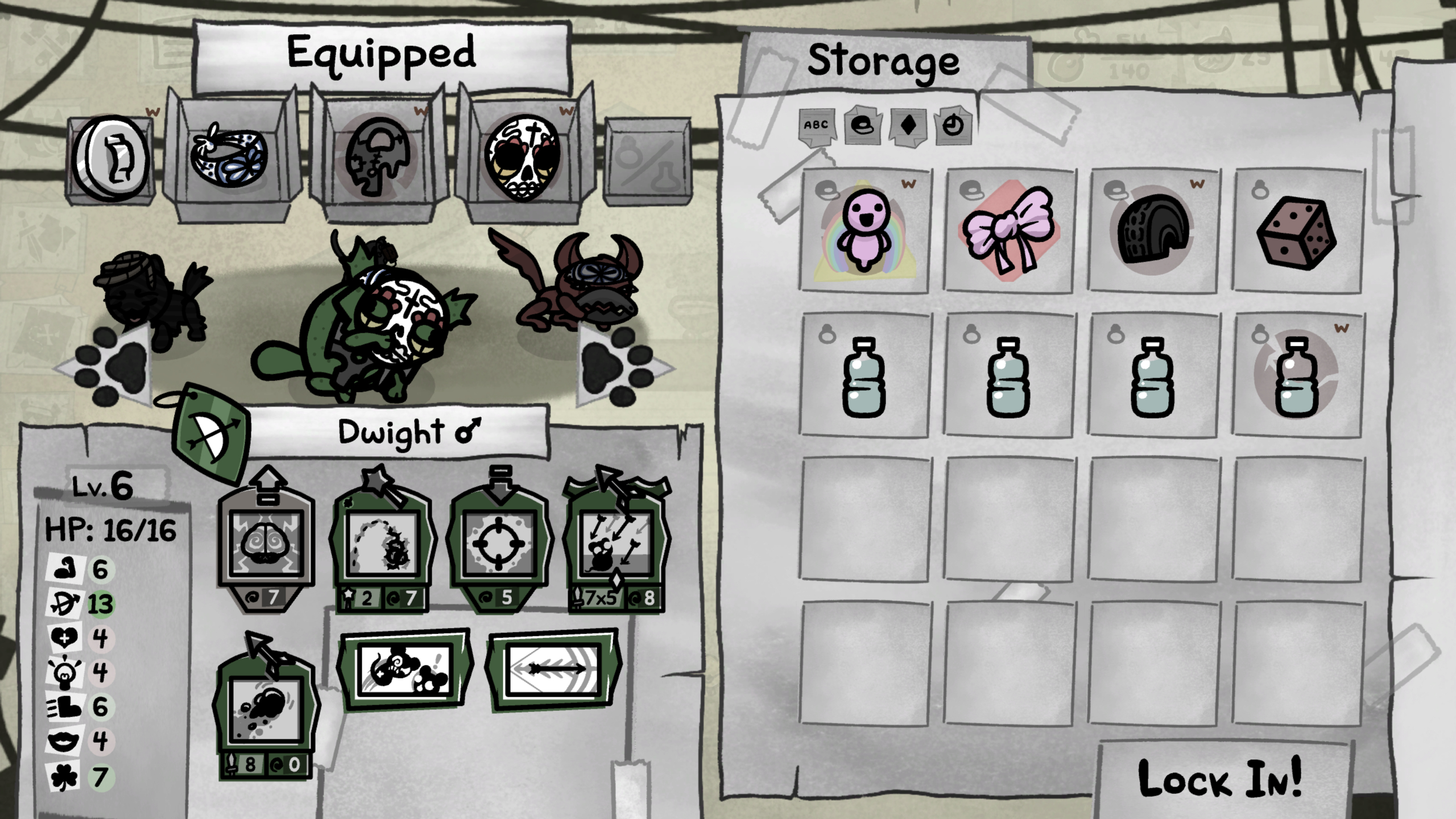 Mewgenics Guillotina: A player preparing their cats, equipping Dwight the Hunter cat with gear.