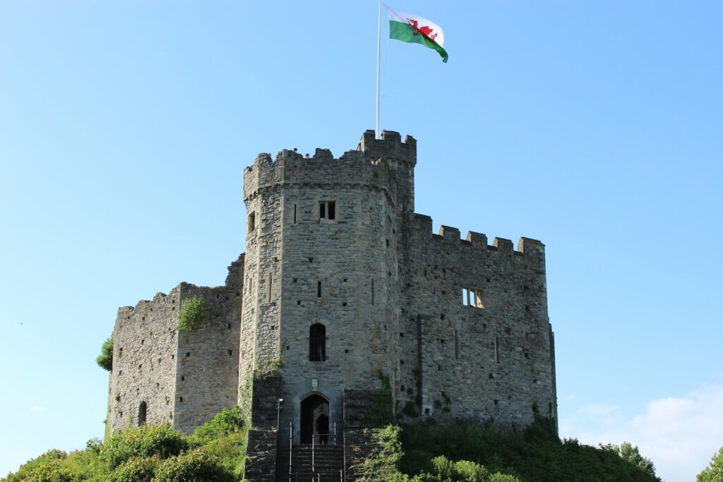Castle in Wales with the Welsh flag