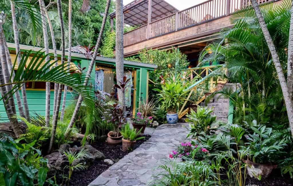 A lush entrance to Bananas - one of the top restaurants on Nevis