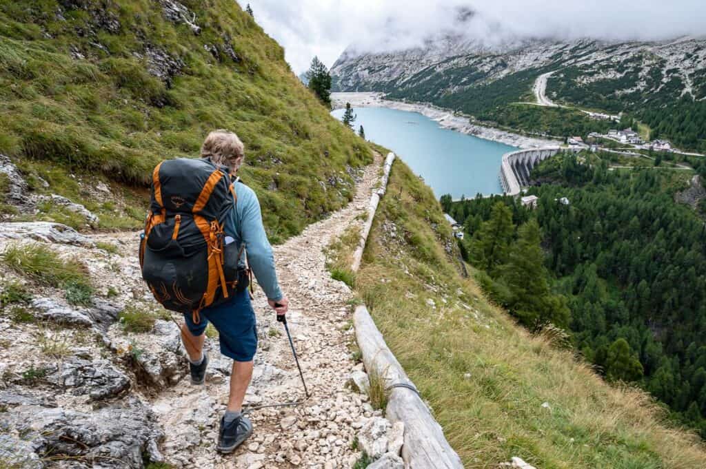 My friend Scot using the Black Diamond Distance Carbon FLZ Trekking Poles on the Alta Via 2 in the Dolomites