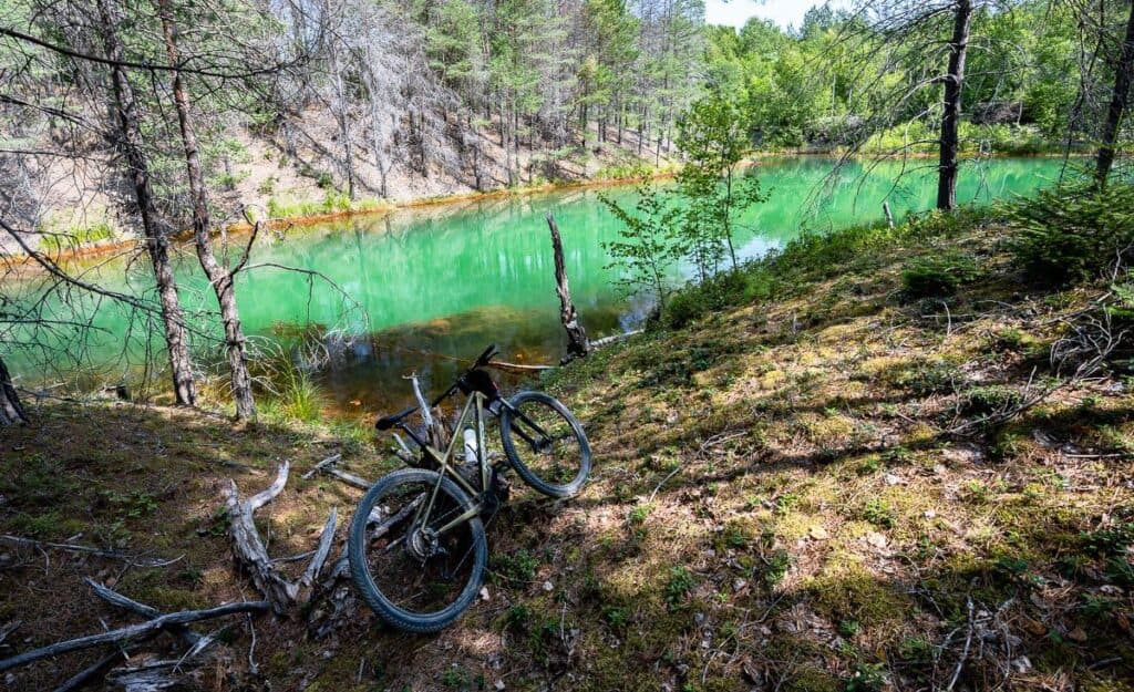 A stop at one of the colourful ponds at Mountain Bike Minto outside of Fredericton