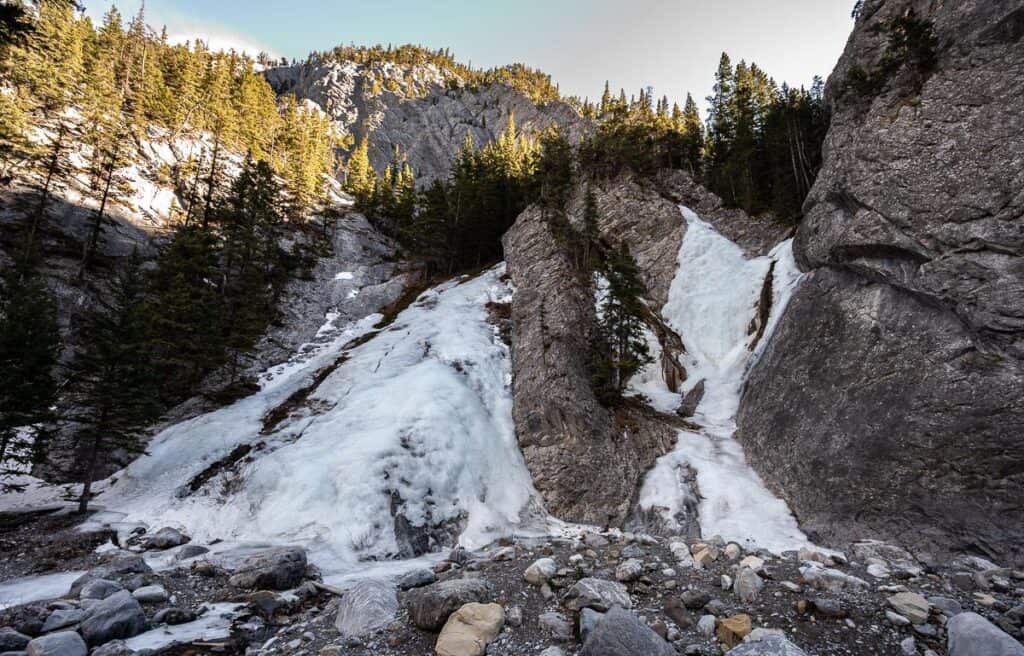 Side by side frozen waterfalls on the  Heart Creek Trail near Canmore