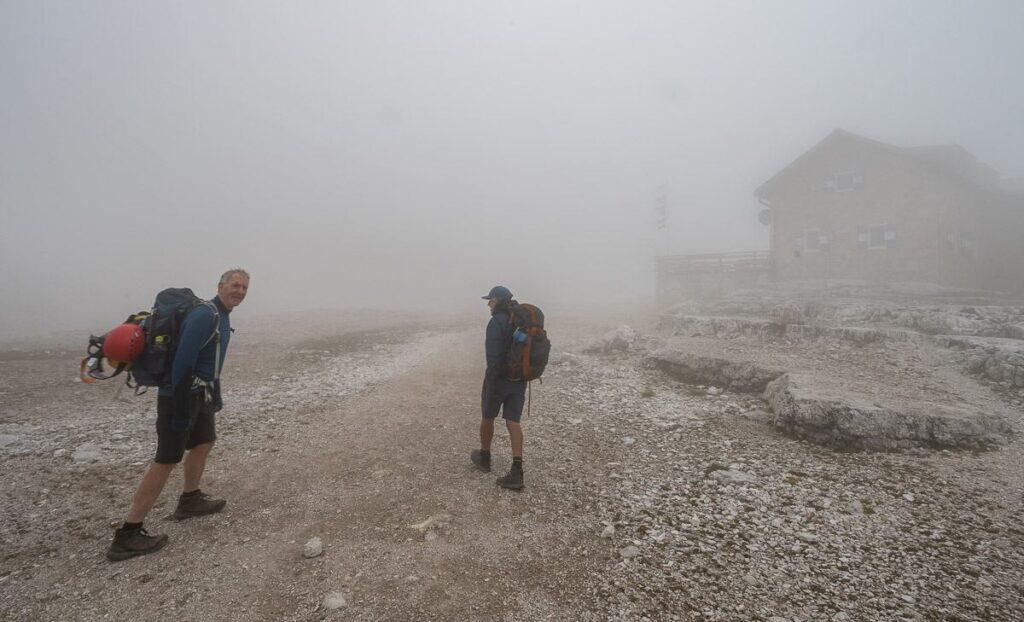 We can barely pick out the building on arrival at Boe Hut on the Alta Via 2