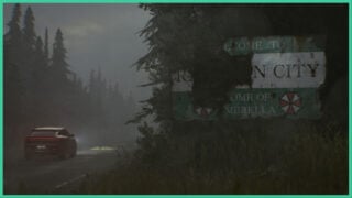 A car drives towards Raccoon City in the fog through the forest in Resident Evil Requiem.