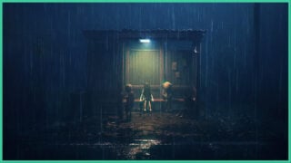 Two people sit at a dimly lit bus stop as the rain pours. There's another person sat on the ground and another standing to the side in REANIMAL.