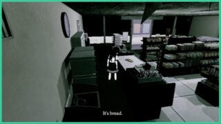 A convenience store in Welcome to Doll Town. The main character stands by a counter and looks at some bread with dialogue on the screen reading 'It's bread'.