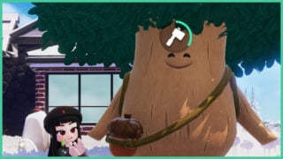 One of the Heartopia Roaming Oak Trees. It stands whilst smiling, wearing an acorn side bag. A player stands to the left and claps. One of the Heartopia Roaming Oak Trees. It stands whilst smiling, wearing an acorn side bag. A player stands to the left and claps.