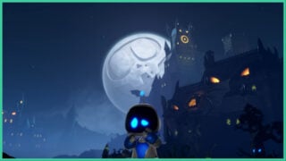 Astro from Astro Bot with a scared expression on his face, standing in front of a dark castle in the backround as the moon hides behind it and smirks.