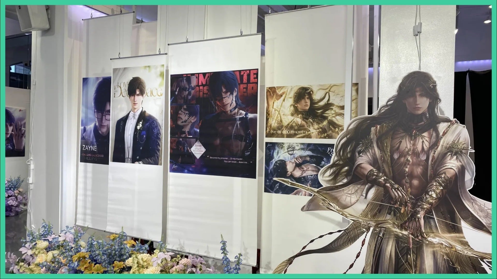 Image shows an area with a cut out of Zayne from Love and Deepspace and posters.