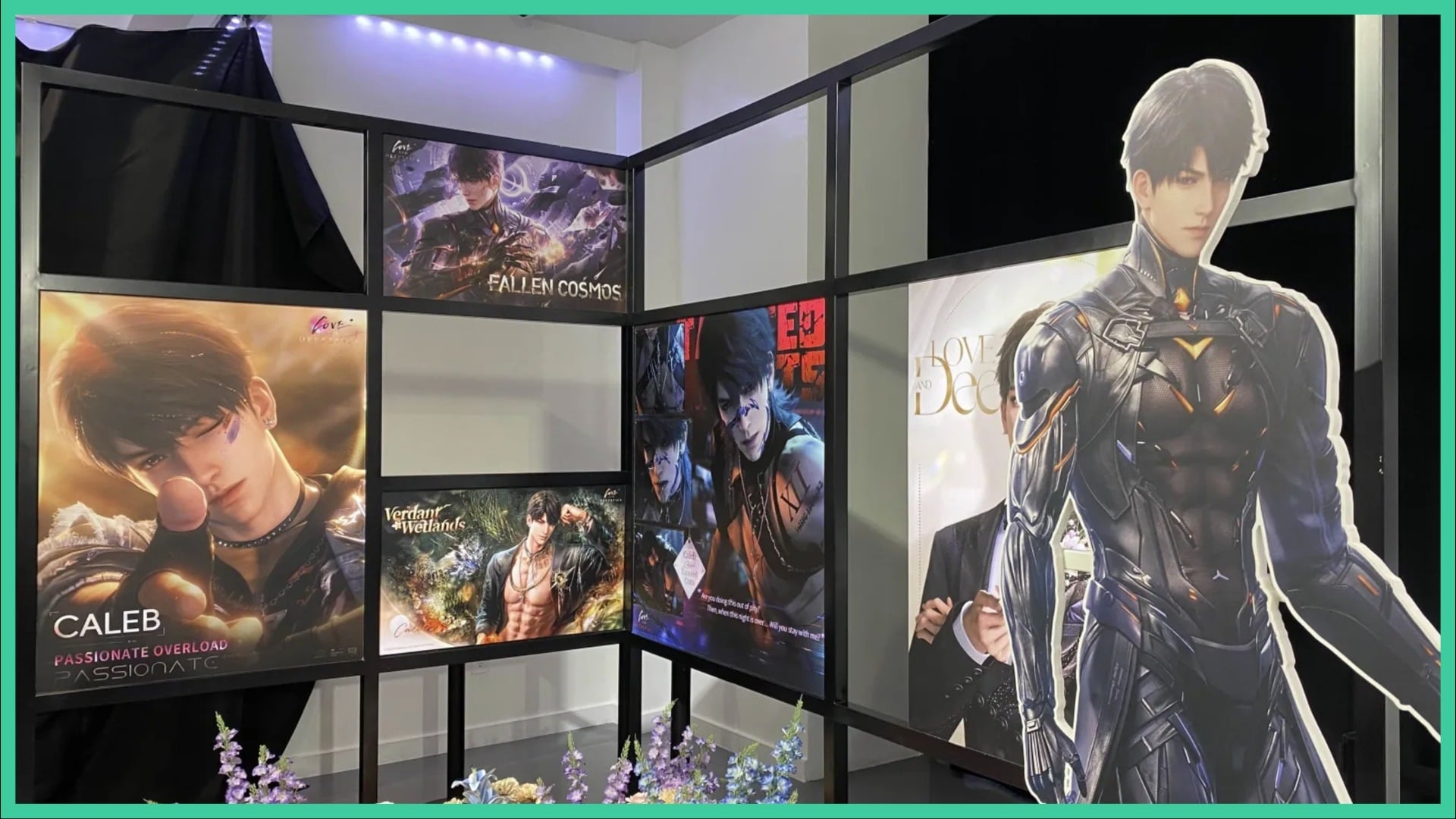 Image shows an area with a cut out of Caleb from Love and Deepspace and posters.