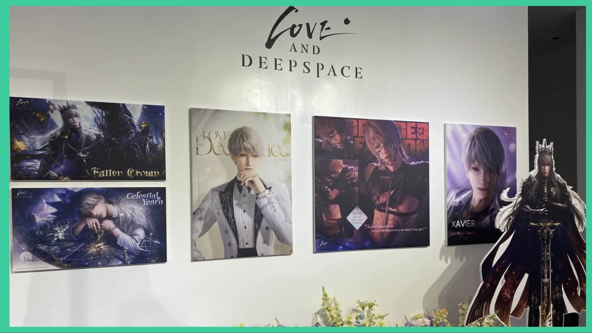 Image shows an area with a cut out of Xavier from Love and Deepspace and posters.