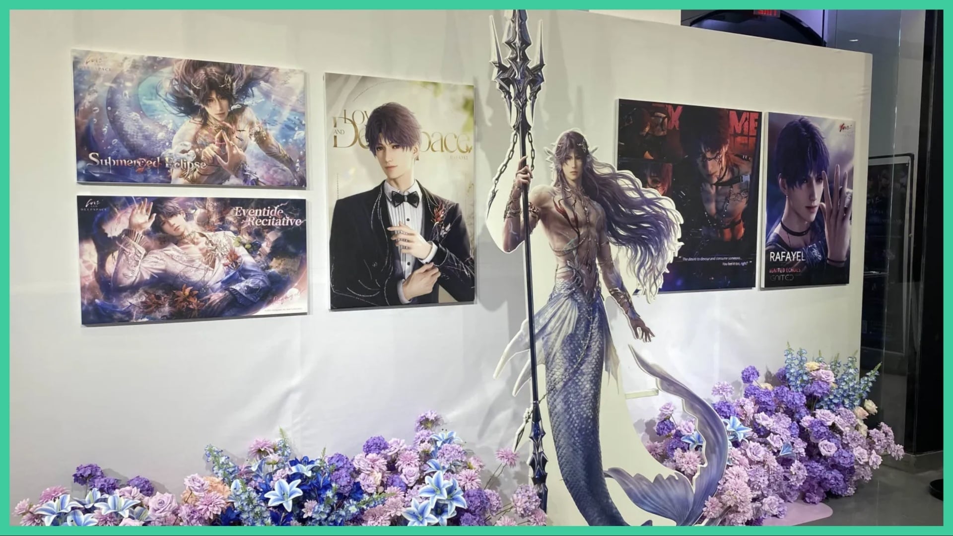 Image shows an area with a cut out of Rafayel from Love and Deepspace and posters.