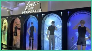 Image shows fice cut out standees of the Love and Deepspace characters.