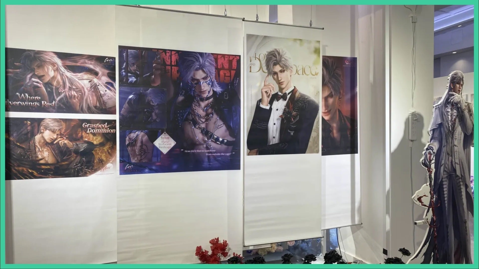 Image shows an area with a cut out of Sylus from Love and Deepspace and posters.