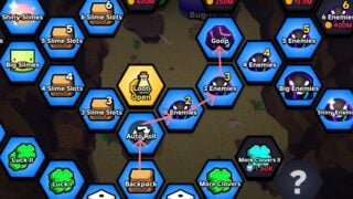Screenshot from Slime RNG showing the smallest number of tiles on the Upgrade Tree than you can activate to reach the Goop upgrade, indicated by red arrows.