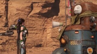 EVE from Stellar Blade stands in front of Emil's wagon, which has his face on the front, a scarf wrapped around the top of the vehicle, and a megaphone on the front.