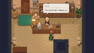 The player's character speaking with the NPC inside of the bathhouse in Potion Permit, with the NPC telling her that she needs to get cleaned up.