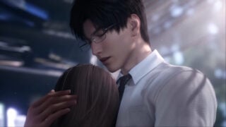 An image of Zayne from Love and Deepspace, embracing the main character as he closes his eyes.