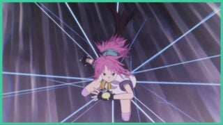 Image shows Machi from Hunter x hunter Nen x Impact surrounded by thread as she crouches down.