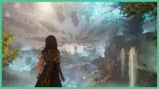 Screenshot form Clair Obscur: Expedition 33, showing the player character Lune, a dark haired woman in a long gold and half cape with gold trim, looking across a skyline with floating pieces of rock. Waterfalls and trees are located at the sides. In the distance, there is a huge monolith, with the glowing number 33 painted onto its surface.