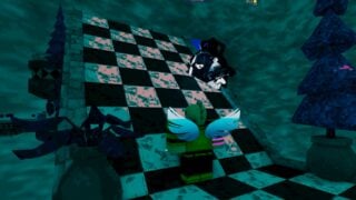 A screenshot of a player character on a slope in-game, the Bell enemy is half peeking out through the floor.