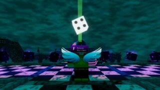 Screenshot from Nullscape, showing a player character standing in front of a Chance Altar, a pillar with a floating white six-sided dice on top.