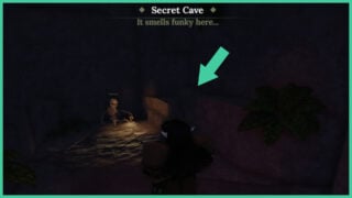 The secret cave in The Forge, where a skeleton sits on the ground.
