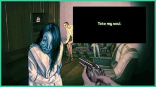 An unsettling woman in No I'm Not a Human as she holds her shoulder with one hand. The player is aiming a gun at her, as a dialogue box reads 'Take my soul'.