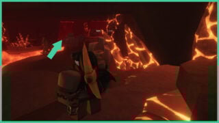 An arrow pointing to the door in the distance, showing the direction you need to walk in when exploring the Volcanic Depths in The Forge.