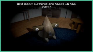 The Owen the Quiet object, which is a strange toy with eyes, in the middle of a dimly lit room with dialogue at the top that reads "How many pictures are there in the room?"