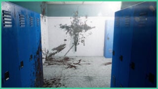 The inside of a school corridor with a statue of a cross on the wall splattered with blood, with the blood splashing onto the floor, ceiling, and lockers in Sanctium.