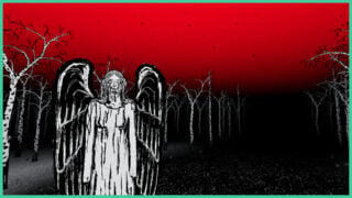 Black and white drawings overlay a black and red background in My Paper Forest. There are drawings of trees with no leaves, and an angel statue weeping black liquid.
