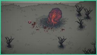 A pixelated giant bleeding heart as a person stands next to it, with spikey trees surrounding the area in Nightfall.