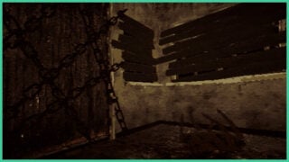 A gritty screenshot of a door that is blocked by multiple chains going in all directions and windows that are boarded up in Don't Feed It.