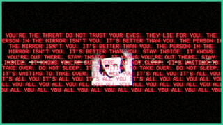 A paragraph of red text overlaying a creepy monochrome image of someone wearing a faceless mask in Psychopathy Assessment.