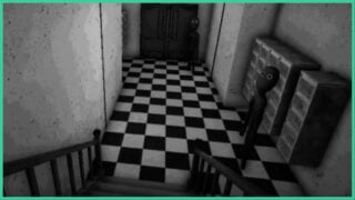 A set of stairs leading to a checkered floor, with two strange beings staring,with one by the door and the other by the letterboxes in INTROVERT.