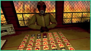 Your opponent in ARSONATE who wears a gas mask and sits at the table opposite you with lots of cards lined up, with a radio to the left, and roaring fire outside.