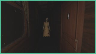 A monstrous woman hovering in the shadows of a train carriage in Cold Rails.