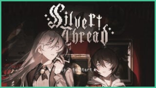 The starting screen for Silver Thread, featuring the two main characters as one holds a cigarette, as they stand in front of a wall with framed pictures.