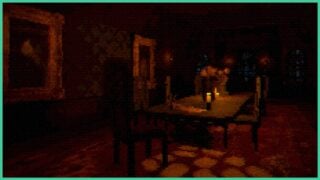 A dining room in Dear Willfrid with blurry visuals. There are candles on the long table and paintings framed in gold on the walls.