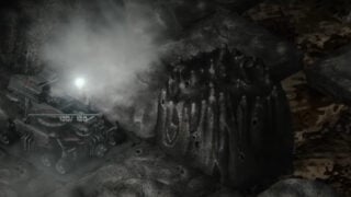 One of the strange natural structures in Anoxia Staion, which towers over a large vehicle. The strucutre is surrounded by a strange liquid and some sort of steamy mist to the left.