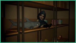 A creepy doll wearing a dark dress that has a hood as it faces the player, sitting on a shelf next to a shark plushie in Twisted Toys.
