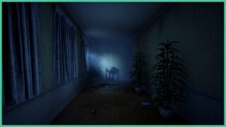 The house from Late Night Mop, which has objects strewn around the floor and an ominous pale blue light at the end of the hallway, with the table casting a shadow on the wall behind it.